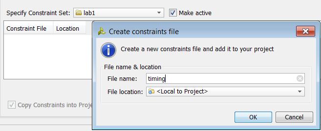Step 3: Using a Timing Constraint Wizard 4. In the Create Constraint Set Name dialog box, specify the constraint set name as lab1 and click OK. 5. Enable the Make active checkbox. 6.
