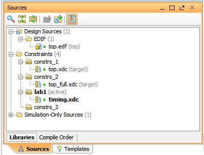 xdc file is added to the lab1 constraint set. 7. Select Finish to complete the creation of the new constraint set and XDC file.