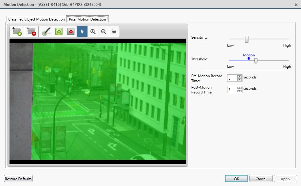 1. In the device Setup tab, click. The Motion Detection dialog box is displayed. 2.