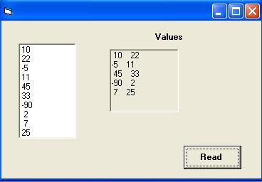 Print I ; ", " ; J ; Space(2) ; Picture1.Print : Picture2.Print J Example 3: Write a code program to create a two dimensional array N (5X2) into List Box on row by row.
