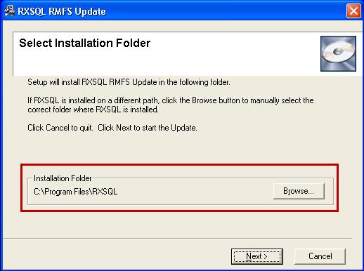 10. The Select Installation Folder screen will be displayed. By default, the Installation Folder is set to C:\Program Files\RXSQL.