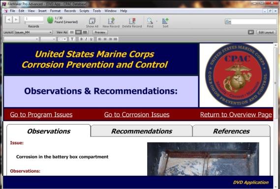 Observations & Recommendations Uses a tab control to show the CPAC Observations, Recommendations and supporting References related to the selected issue The Observations tab states the issue, CPAC