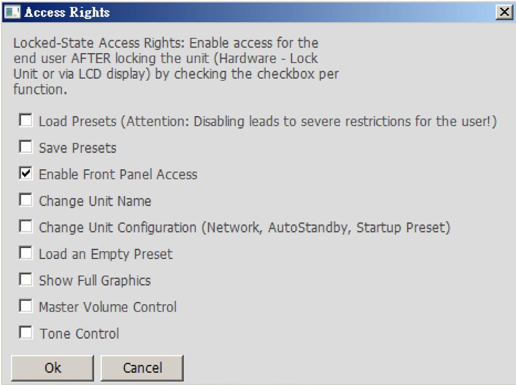 Finally, there is a dialog screen to set the access levels in