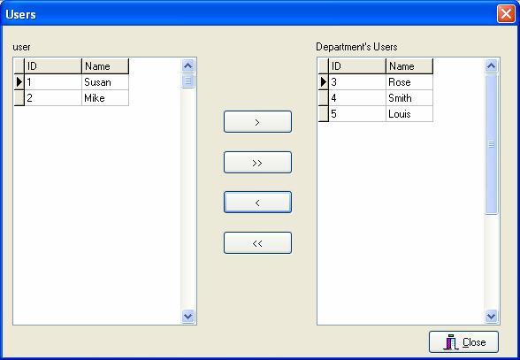 Access Control Software User Manual [Department s Users] box at right side is the users list of company, first choose the user to shift, and then click the <