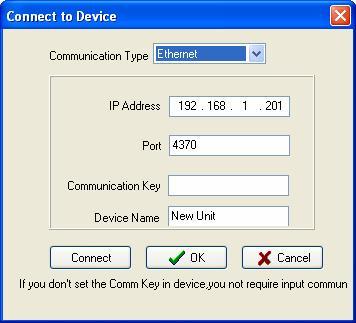 4. Device Management Device ID: According to the device ID to fill, for example the FP device ID is 1. Port: Properly select the communication port to connect PC, the default port is COM1.