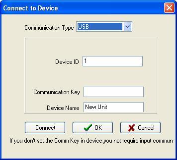 Access Control Software User Manual Device ID, Communication key and Device Name is the same configure as RS232/RS485. After setup, click [Connect] button under the window to test.