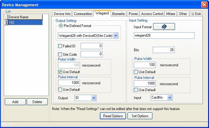 4. Device Management Click [Read Options] can obtain all the device wiegand parameters. Wiegand Setting includes Wiegand output and input setting.