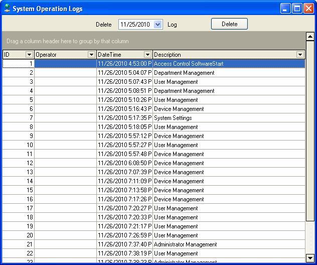Access Control Software User Manual Click the down drop menu to select the end date, and click [Delete] button to delete the operation logs to the defined previous date