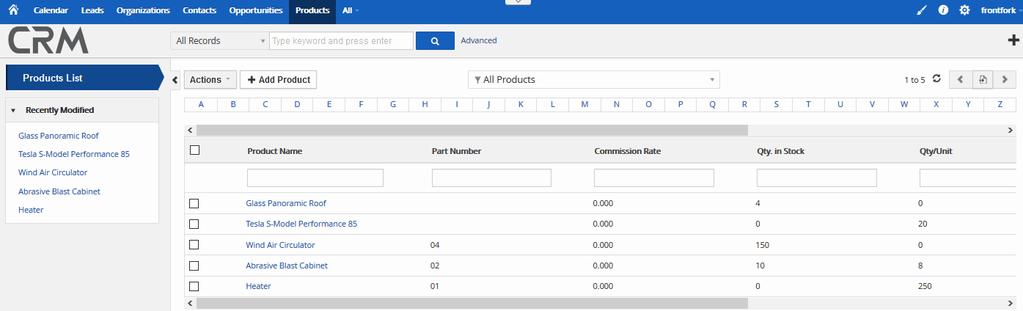 Left-hand menu: 'Products List' shows all products added to the CRM. Click any product to open its details page. The 'Recently Modified' tab lists products which were recently updated.