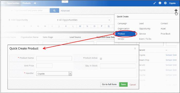 Fill-in the product details in the 'Quick Create Product' dialog. Descriptions of the form parameters are available in this table. If you want to view and enter all details, click 'Go to full form'.
