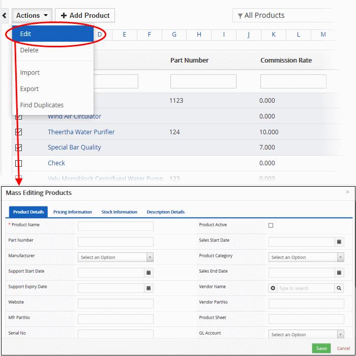 The interface allows you to: Edit product records Delete Product records Import / export product records Find duplicate product records To edit common details of several product records Click 'All' >