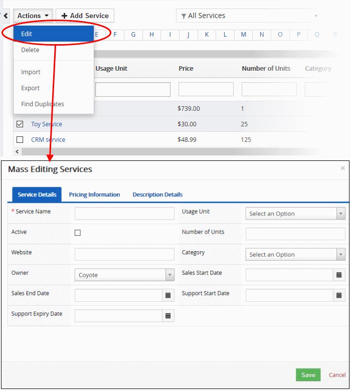 This interface contains four tabs: Service Details - Allows you to specify service name, usage units and more. See this table for descriptions of the fields in the 'Service Details' tab.