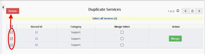 Click 'Find Duplicates' The 'Duplicate Services' page will be displayed.