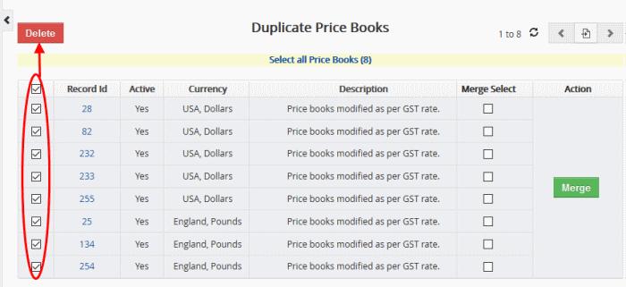 To delete a duplicate price book record, select it and click the delete button at top left.