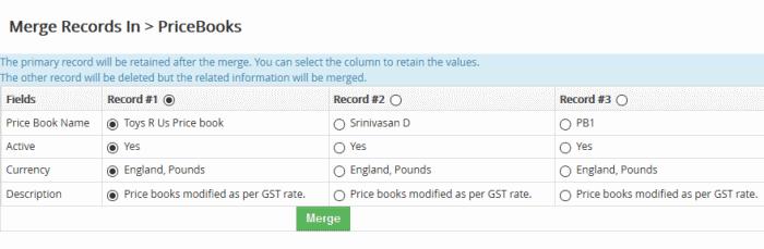 Price Book' dialog will be displayed: The selected 'Record #' is the primary record.
