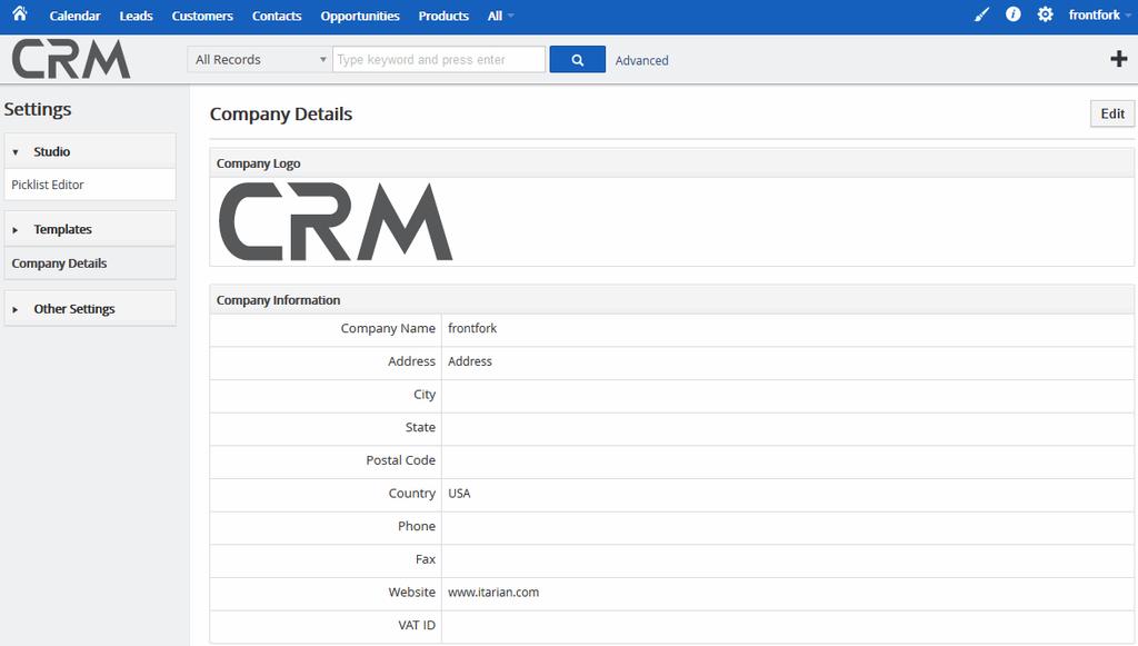 7.Configure CRM Settings Click the cog icon at the top-right of the interface to access CRM settings: Studio - Picklist Editor.
