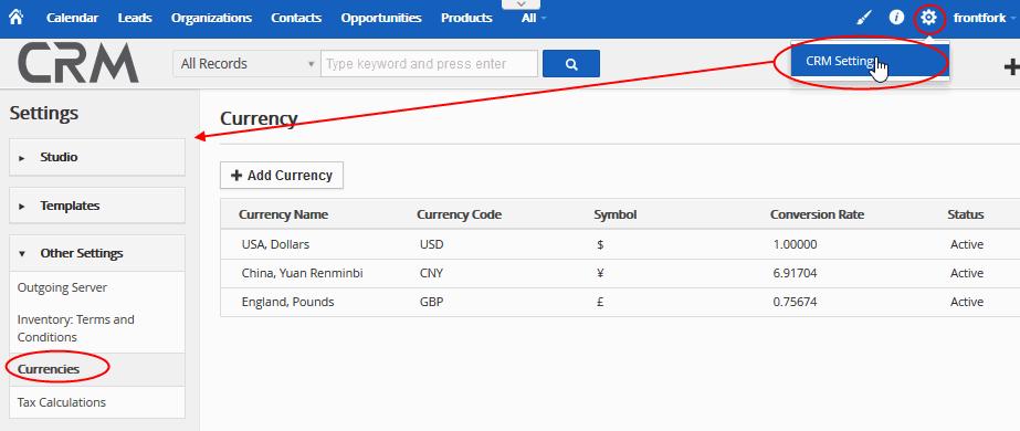 7.3.3. Manage Currencies The 'Currencies' area lets you review, add and remove currencies from the CRM.