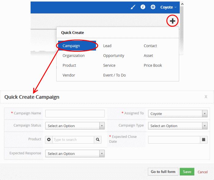Fill-in the campaign details in the Quick Create Campaign dialog. Descriptions of the form parameters are available in the table above.