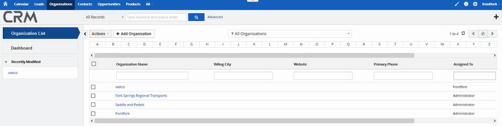 The 'Organization List' tab on the left contains a list of organizations added to the CRM.