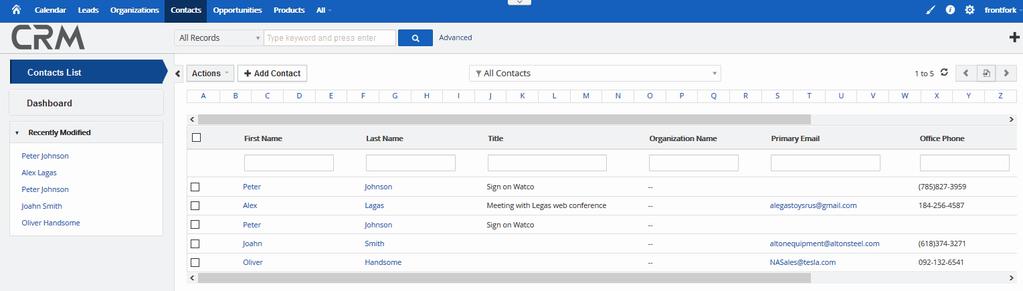 Click 'All' > 'Contacts' to view a list of all contacts added to the CRM. 'Recently Modified' shows contacts whose details have been updated recently.