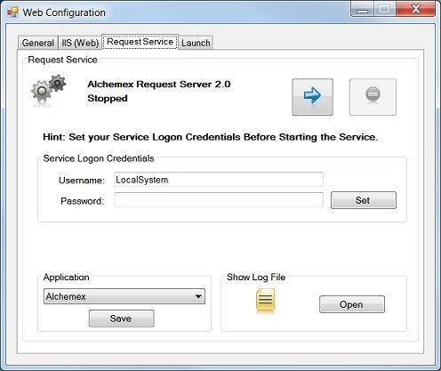 Request Service Tab From this dialog you can: Start and Stop the Request service Set the Service Logon Credentials These are the credentials that the Request Service will use to access the files and