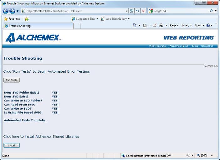 Modules Test Page The Test Page helps to specifically diagnose installation problems. For clients who do not have Alchemex Smart Reporting installed.