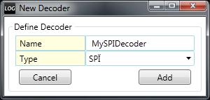 Decoder name: this is a user-defined name that will be used to specifically recognize the defined decoder during operation. Type: protocol type. Choose SPI. Click on 'Add' button.