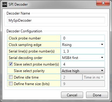 Parameter Description Clock probe number Defines the probe number on which the SPI clock (SCLK) signal is connected. Clock sampling edge Specifies on which edge of SCLK dat must sampled and decoded.