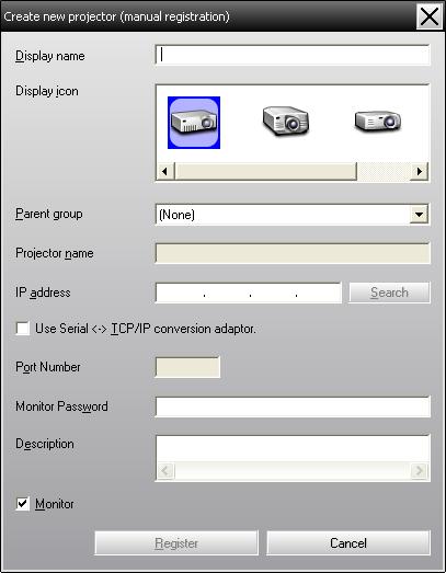 Registering and deleting projectors for monitoring 17 Registration by specifying an IP address (Manual registration) A Right-click in Grouping view and select "New" - "Projector (manual