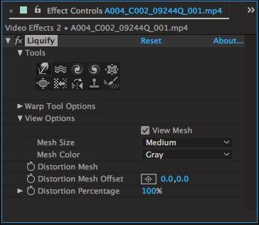 13. In the Effect Controls panel Liquify options area, expand View Options and select View Mesh (Figure 6). A mesh appears on the clip in the Composition panel (Figure 7). 14.
