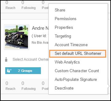Set Default URL Shortener Overview For each account you can set a default URL from our list of URL Shortener partners. You can use the URL Shortener when you publish a post. (See Publishing).