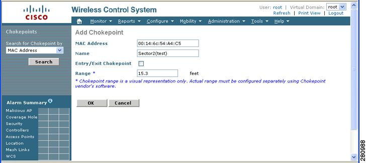 Chapter 7 Using Chokepoints to Enhance Tag Location Reporting To add a chokepoint to Cisco WCS, follow these steps: Step 1 Step 2 Click Configure > Chokepoints from the main menu (top).
