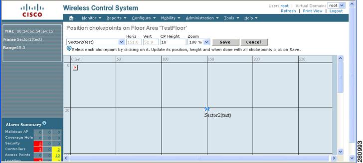 Using Chokepoints to Enhance Tag Location Reporting Chapter 7 Figure 7-9 Chokepoint Icon is Positioned on the Floor Map The MAC address, name, and coverage range of the chokepoint appear in the left