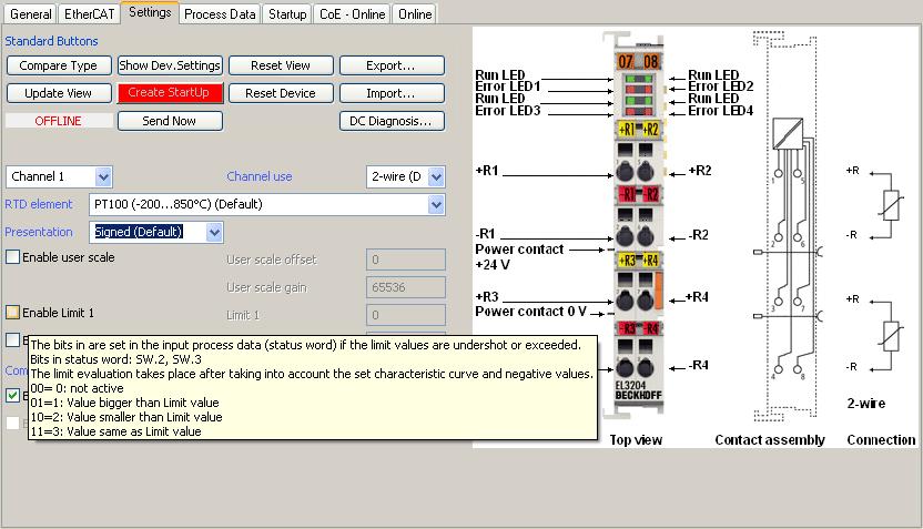 Fig. 103: Example of commissioning aid for a EL3204 This commissioning process simultaneously manages CoE Parameter Directory DC/FreeRun mode the available process data records (PDO) Although the