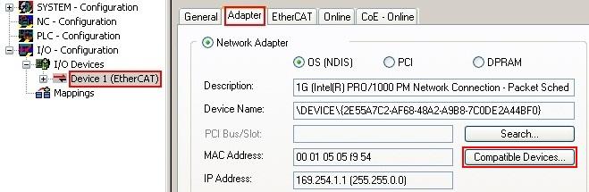 Fig. 45: EtherCAT device properties(twincat 2): click on Compatible Devices of tab Adapter TwinCAT 3: the properties of the