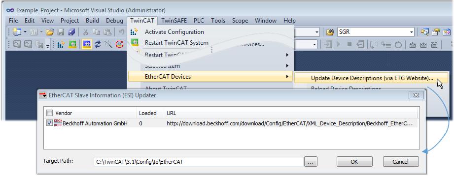 7.3.3 TwinCAT ESI Updater For TwinCAT 2.11 and higher, the System Manager can search for current Beckhoff ESI files automatically, if an online connection is available: Fig.
