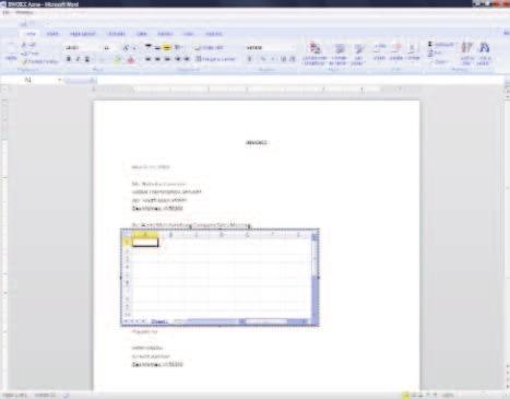 FIGURE 13 A blank worksheet is embedded in the document, and the Excel menu bar and toolbar are displayed at the top of the document window.