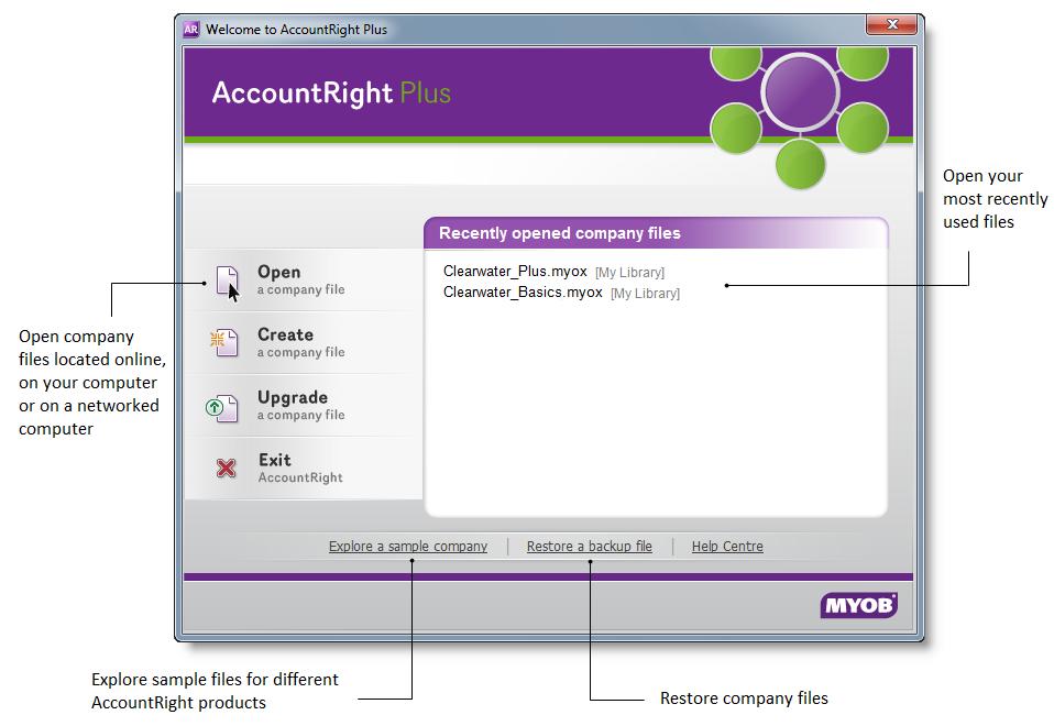 Accessing company files in the new AccountRight When you start AccountRight, you ll notice the new Welcome window. This window makes it easier for you to manage and access your company files.