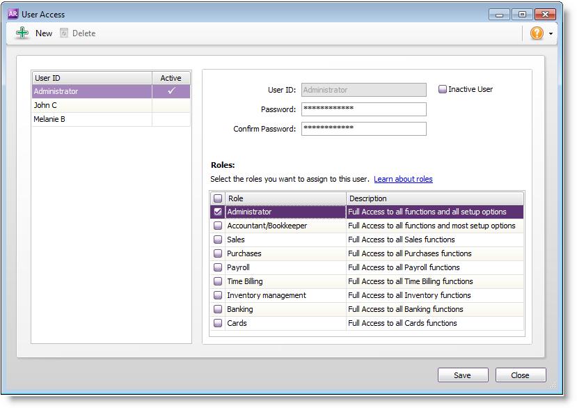 To assign roles to user accounts 1 Sign on to the company file as the Administrator. 2 Go to the Setup menu and choose Users. The User Access window appears.