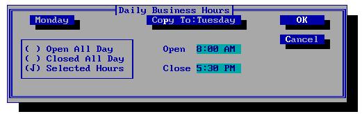 The Attendant Menu Business Hours Business Hours Business Hours determine the company s office hours and whether callers to the system hear the appropriate time of day greeting or the closed greeting.
