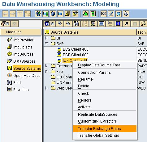 Step 2 - Transfer exchange rates 1. Go to Administrator Workbench -> Modeling -> Source Systems.
