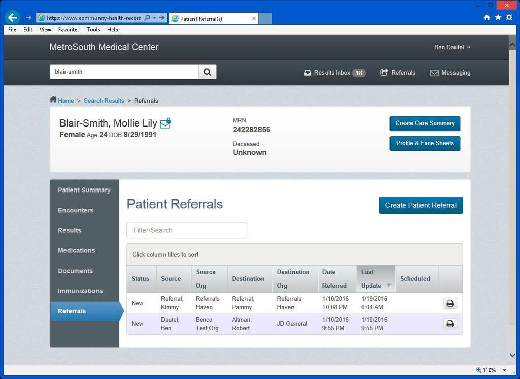 staff). The Patient Referrals page has been modified so that it displays only the referrals conforming to the preference selected in the Patient Referral History rights panel.