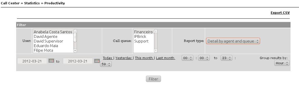 At the filter you may select which user and call queue, the time period and the type of report (Detail by Agent, Detail by Call Queue or the more abbreviated Resume).