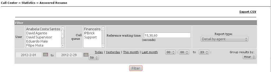 In terms of filtering options, you may select which user and call queue, the Reference waiting time, the time period and the type of report (Detail by Agent, Detail by agent and queue or the