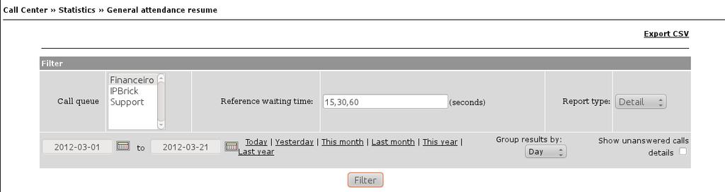 At the filter you may select which call queue, the time period, the reference waiting time and the type of report (Detail or the more