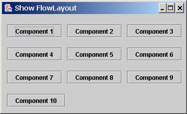 Testing the FlowLayout Manager The components are arranged in the container from left to