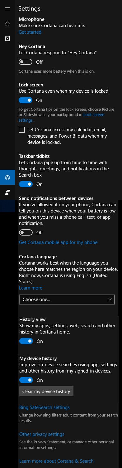 Next, click on the Settings icon (it looks just like the Windows Settings icon and is located in the same place, but here it is for configuring Cortana).