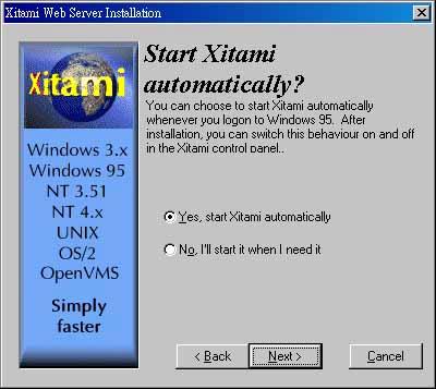 6 Please select Yes to let Xitami program run