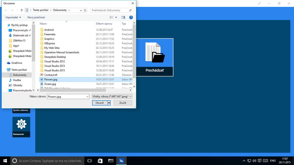 9 Tlač II. Zobrazia sa súbory a priečinky uložené v priečinku Dokumenty (priečinok SharpdeskMobile v systéme Windows 10). V systéme Windows 10 sa zobrazí dialógové okno Otvoriť súbor na výber súboru.