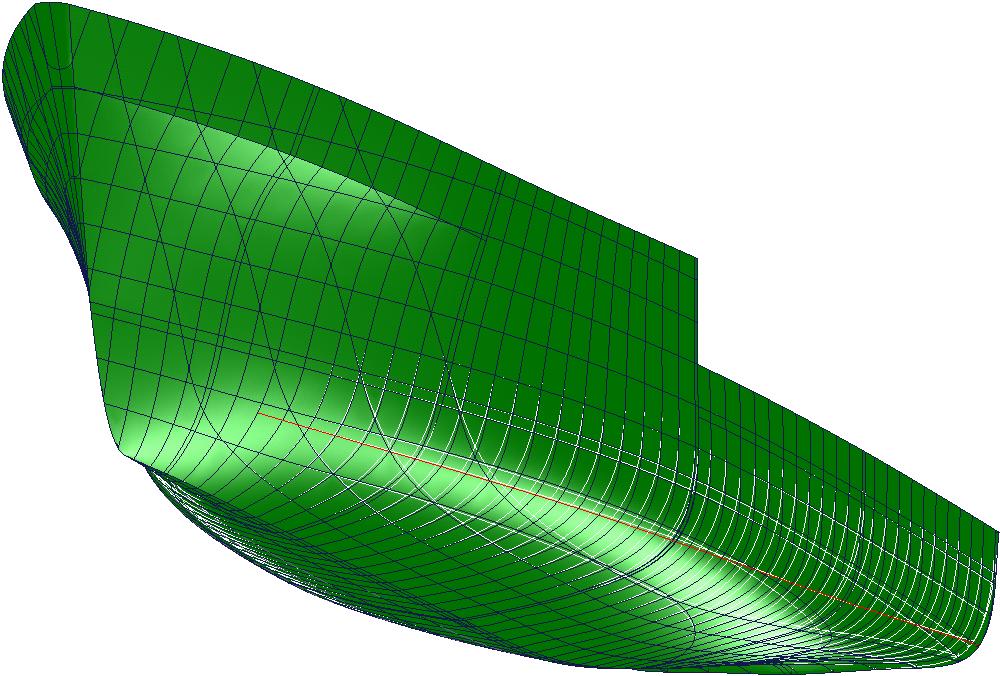 7. EVALUATION Figure 7.4: The curvature in the bilge has been increased by a variation based on a curve that was projected on the hull for the occasion.